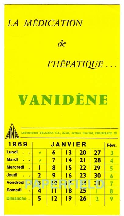 Buvard - "VANIDèNE"  - Laboratoires BELGANA S.A. - Calendrier  Janvier 1969 - Chemist's