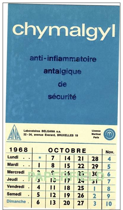 Buvard - "Chymalgyl"  - Laboratoires BELGANA S.A. - Calendrier  Octobre 1968 - Chemist's