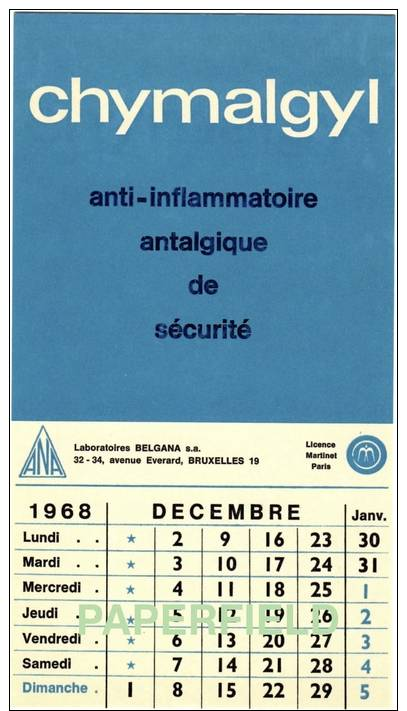 Buvard - "Chymalgyl"  - Laboratoires BELGANA S.A. - Calendrier  Décembre1968 - Chemist's