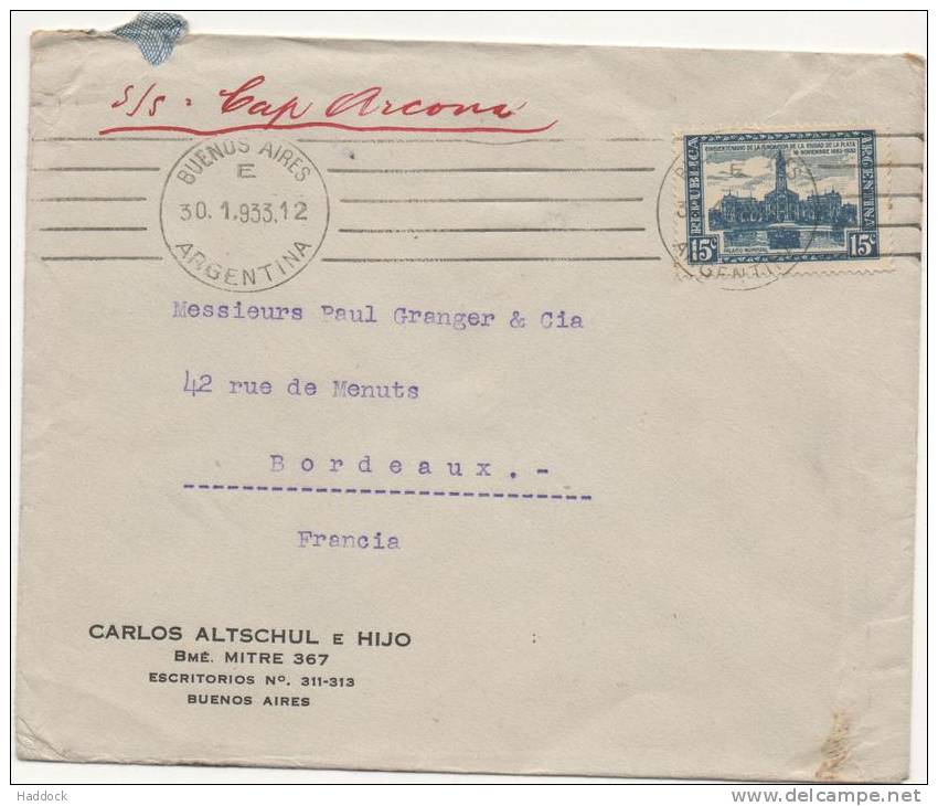 LETTRE POUR BORDEAUX DU 30/01/1933 PAR "S.S. CAP ARCONA" - Maritime Post