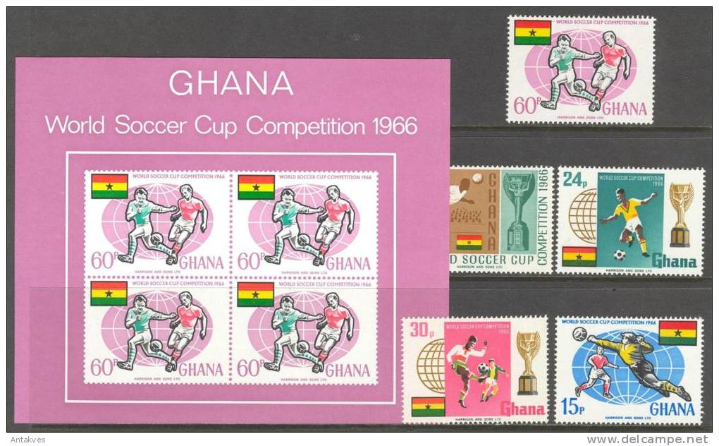Ghana Soccer Football FIFA World Cup England 1966 Set Of 5+ Block Of 4 MNH** - 1966 – England