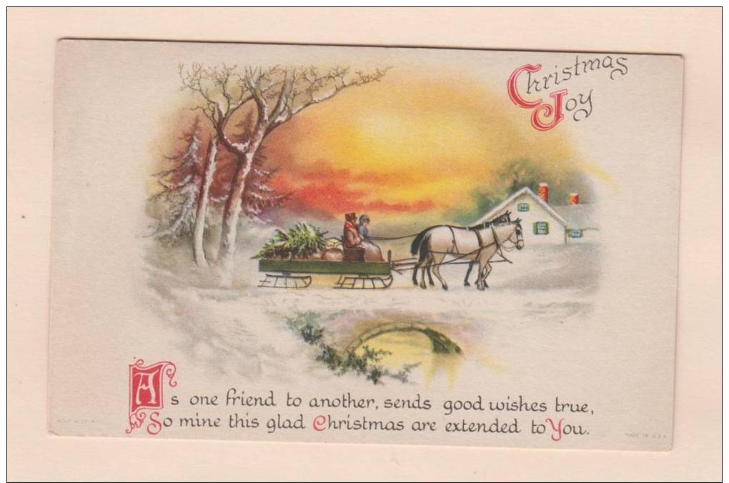 D50513 Postcard Christmas Joy, Poem, Horse Drawn Sleigh Over Bridge W/ Tree And Packages, Unused - Andere & Zonder Classificatie