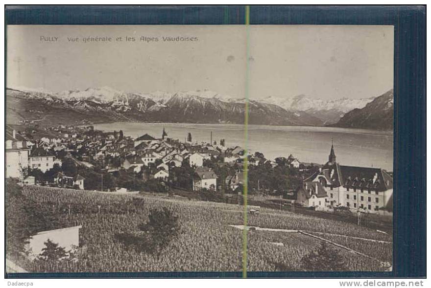 Pully, Vue Générale Et Les Alpes Vaudoises, Lac Léman, (Le Trait En Travers De La Carte Est Un Défaut Du Scanner) - Pully