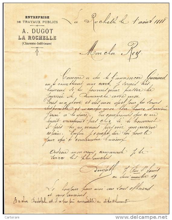 Lettre Entreprise De Travaux Publics,DUGOT,LA ROCHELLE 1888,sergent,hébergement,génie,cachet Charente Inferieure,vendée - 1877-1920: Semi Modern Period