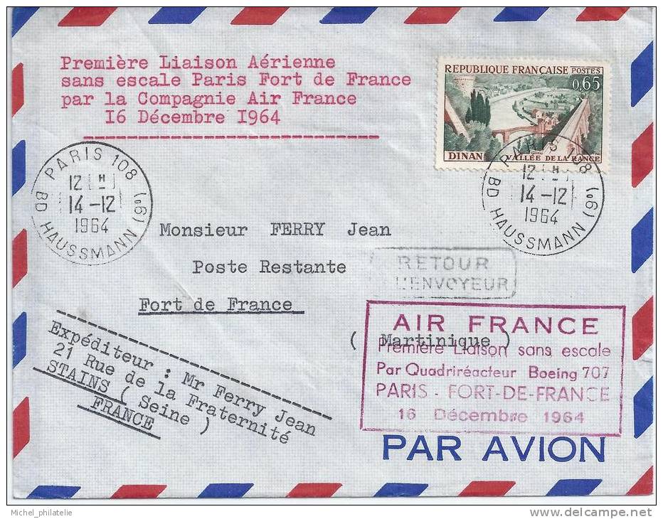 Premiere Liaison Aérienne Sans Escale Paris Fort De France Par La Compagnie Air France 16 Decembre 1964 - Premiers Vols