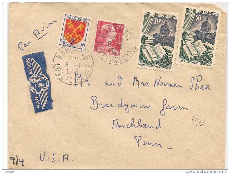 FRANCE - 1956 Type Marianne De Muller -  On COVER From LOT Et GARONNE  To USA - # 1011 + # 971 X2 + # 1047 - 1955-1961 Marianne De Muller