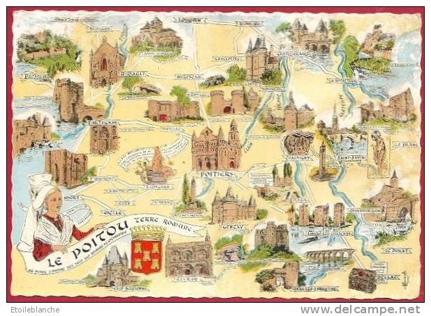 Carte Geographique, Poitou, Terre Romane - église Et Chateaux - Vienne Poitiers (86) Parthenay - Illustrateur Homualk - Poitou-Charentes
