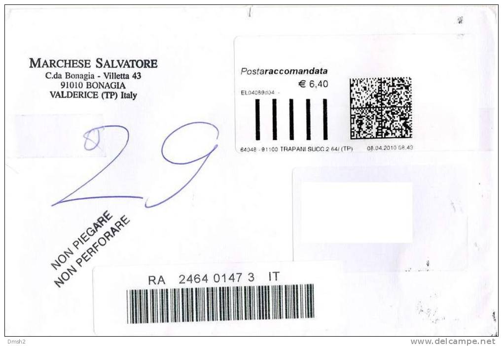 Valderice To Russia Registered Payment Sticker - 2001-10: Poststempel