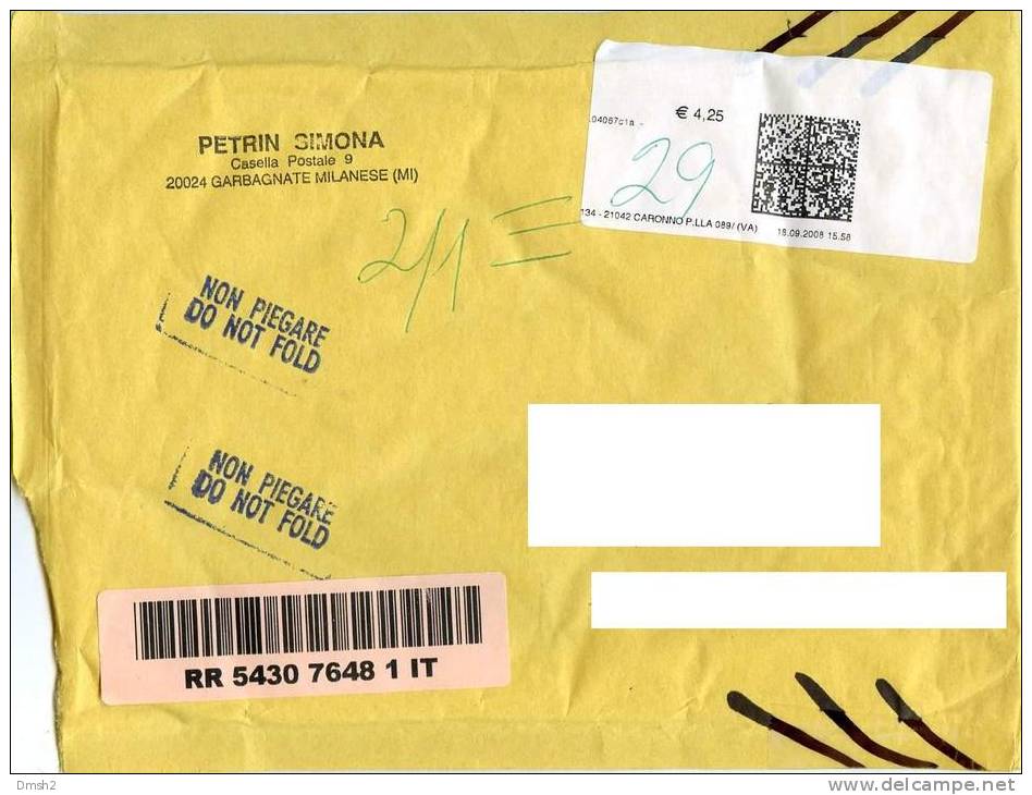 Garbagnate Milanese To  Russia Registered Payment Sticker - 2001-10: Poststempel