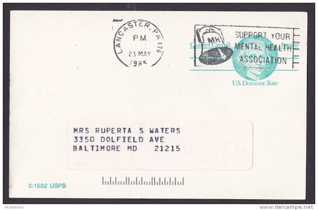 United States Private Postal Stationery Ganzsache Entier LANCASTER 1985 Charles Carroll Patriot Mental Health Bell - 1981-00