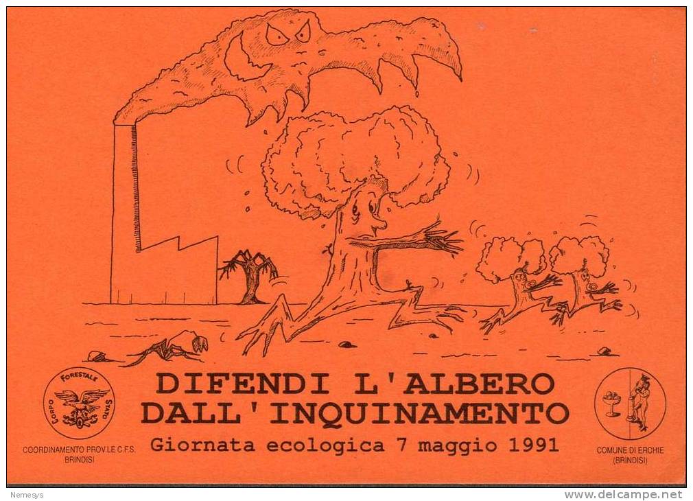 1991 CARTOLINA NUMERATA GIORNATA ECOLOGICA DIFENDI L´ALBERO CORPO FORESTALE BRINDISI 2 SCAN NV FG NATURA AMBIENTE - Brindisi