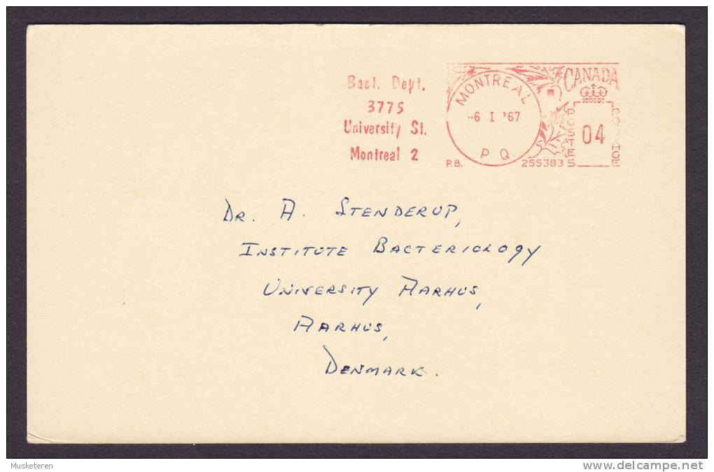 Canada McGILL UNIVERSITY Montreal Meter Stamp 1967 Cancel Card To AARHUS Denmark (2 Scans) - Storia Postale