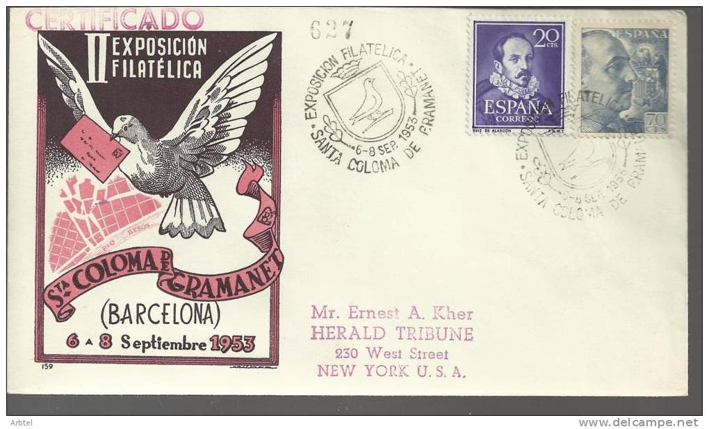 SANTA COLOMO GRAMANET CC CERTIFICADA MAT ESPECIAL 1953 A USA AL DORSO MAT NEW YORK - Pigeons & Columbiformes