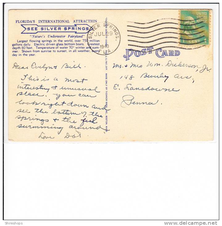 Viewing The Underwater Scenery Silver Springs Florida Electric Glass Bottom Boat 1940 Postmark Silver Springs - Silver Springs