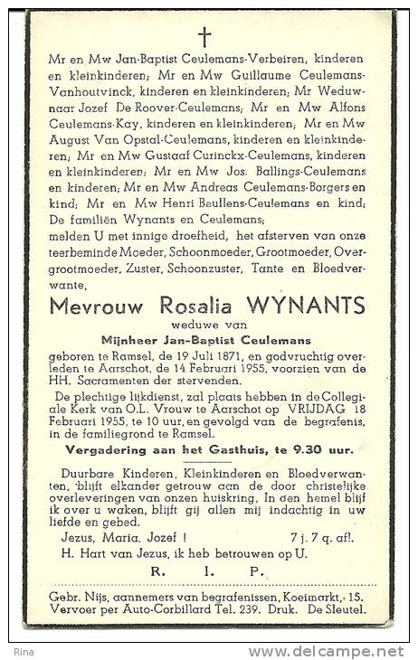 Doodsprentje Mevrouw Rosalie Wynants Geb Te Ramsel 19 Juli 1871 Overl Aarschot 14 Februari 1955 - Aarschot
