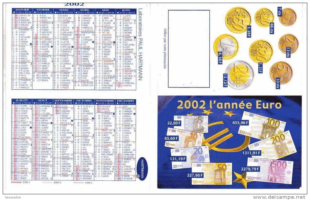 CALENDRIER 2002 - L´ANNEE DE L´EURO - LABORATOIRES PAUL HARTMANN - PIECES - BILLETS - EURO - CONVERSION EN FRANCS - Kleinformat : ...-1900