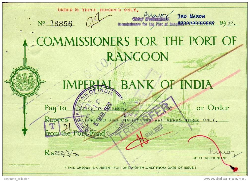 Commissioners For The Port Of Rangoon - Imperial Bank Of India - BURMA 1951 ! - Myanmar (Burma 1948-...)