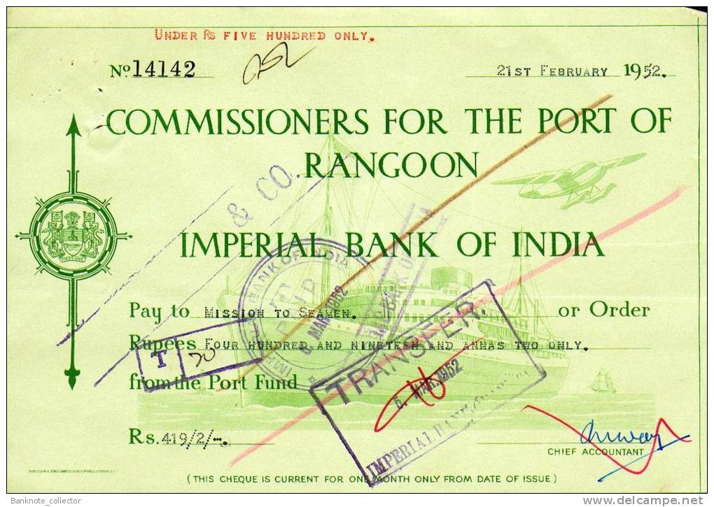 Commissioners For The Port Of Rangoon - Imperial Bank Of India - BURMA 1951 - 52! - Myanmar (Burma 1948-...)