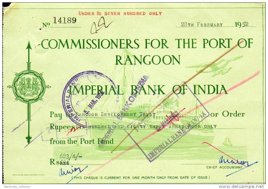 Commissioners For The Port Of Rangoon - Imperial Bank Of India - BURMA 1951 - 52! - Bank En Verzekering