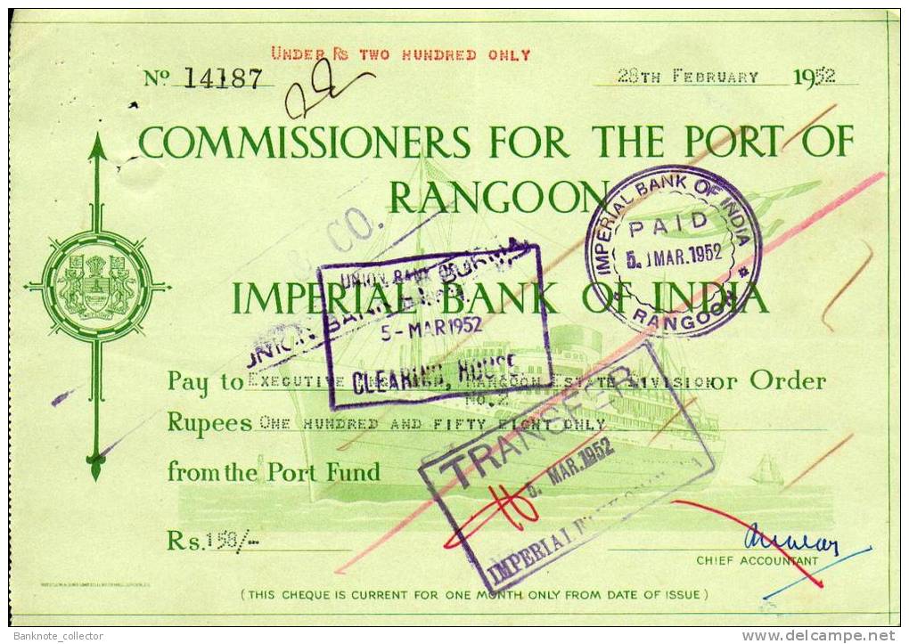 Commissioners For The Port Of Rangoon - Imperial Bank Of India - BURMA 1951 - 52! - Myanmar (Burma 1948-...)
