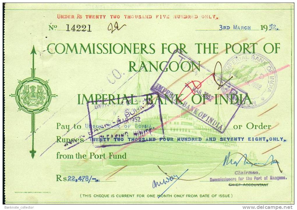 Commissioners For The Port Of Rangoon - Imperial Bank Of India - BURMA 1951 - 52! - Myanmar (Birmanie 1948-...)