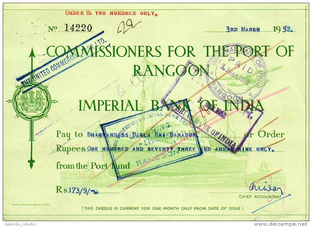 Commissioners For The Port Of Rangoon - Imperial Bank Of India - BURMA 1951 - 52! - Banco & Caja De Ahorros