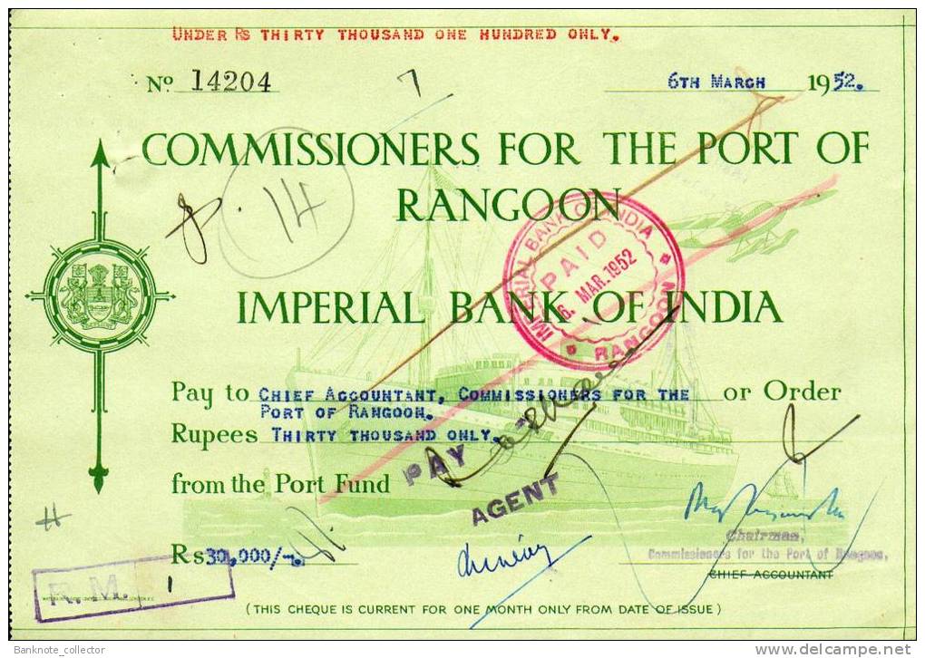 Commissioners For The Port Of Rangoon - Imperial Bank Of India - BURMA 1951 - 52! - Banque & Assurance