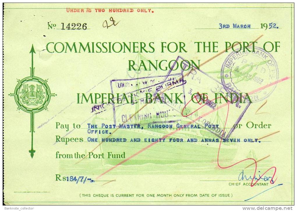 Commissioners For The Port Of Rangoon - Imperial Bank Of India - BURMA 1951 - 52! - Bank & Versicherung