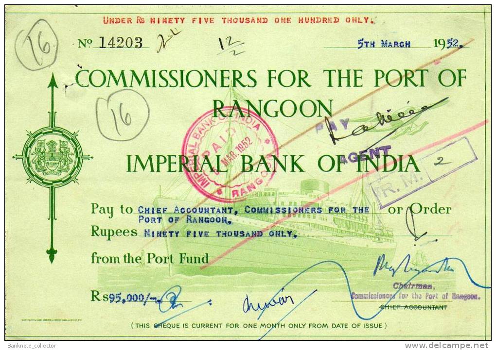 Commissioners For The Port Of Rangoon - Imperial Bank Of India - BURMA 1951 - 52! - Banque & Assurance