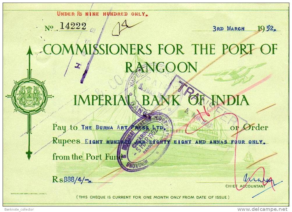 Commissioners For The Port Of Rangoon - Imperial Bank Of India - BURMA 1951 - 52! - Banque & Assurance