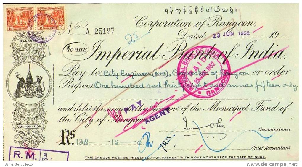 Corporation Of Rangoon - Imperial Bank Of India, BURMA 1952, With Stamp! - Myanmar (Birmanie 1948-...)