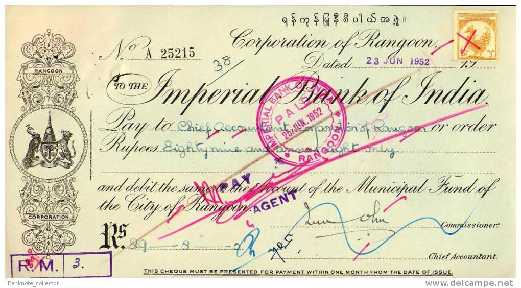 Corporation Of Rangoon - Imperial Bank Of India, BURMA 1952, With Stamp! - Myanmar (Burma 1948-...)