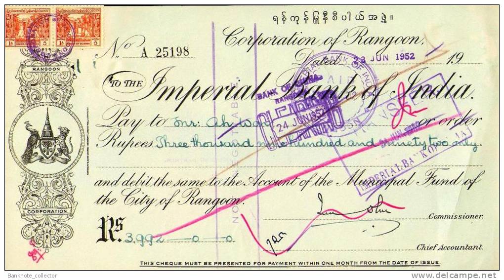 Corporation Of Rangoon - Imperial Bank Of India, BURMA 1952, With Stamp! - Bank & Insurance