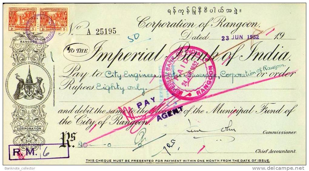 Corporation Of Rangoon - Imperial Bank Of India, BURMA 1952, With Stamp! - Bank & Insurance