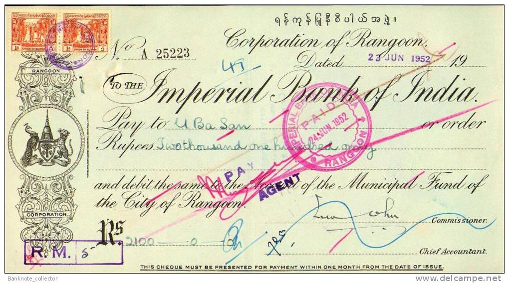 Corporation Of Rangoon - Imperial Bank Of India, BURMA 1952, With Stamp! - Banque & Assurance