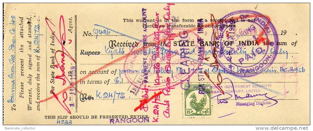 State Bank Of India - Rangoon, Scheck From 1959,  With Stamp, Union Of Burma ! - Myanmar (Birmanie 1948-...)
