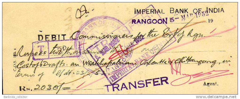 Imperial Bank Of India - Rangoon, Scheck From 1952, Union Of Burma ! - Bank En Verzekering