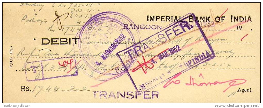 Imperial Bank Of India - Rangoon, Scheck From 1952, Union Of Burma ! - Bank & Versicherung