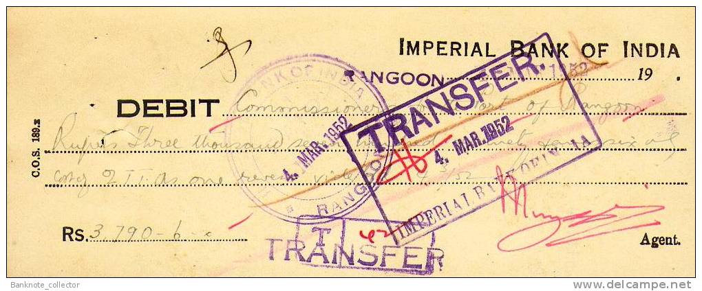 Imperial Bank Of India - Rangoon, Scheck From 1952, Union Of Burma ! - Banque & Assurance