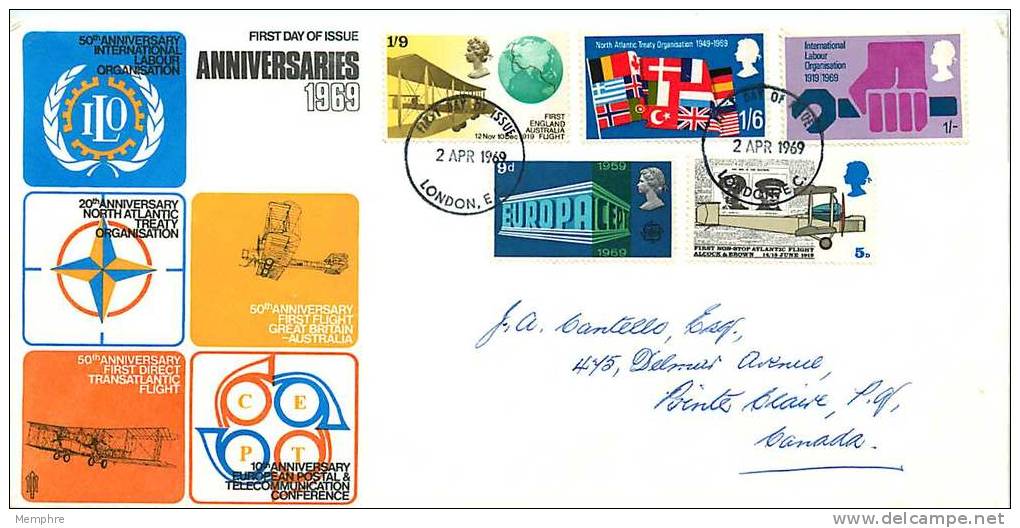 1969  General Anniversaries :ILO, Europa, Alcock &amp; Brown Flight, England-Australia Flight Trident Cachet London Canc - 1952-1971 Pre-Decimal Issues