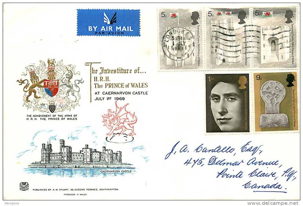 1969 Caernarvon Castle  Stuart Cachet London Cancel   2nd Row Not Cancelled - 1952-1971 Em. Prédécimales