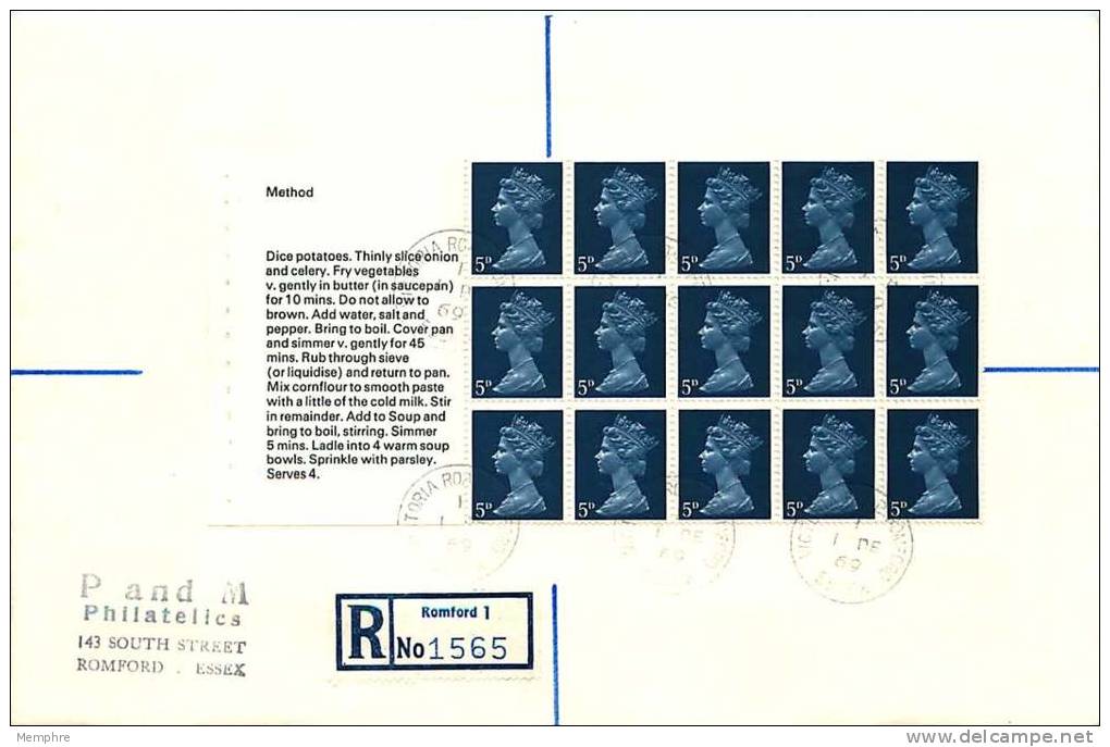1970  Stamps For Cooks Booklet Pane 1 P&amp;M Cachet Romford Cancel - 1952-1971 Dezimalausgaben (Vorläufer)