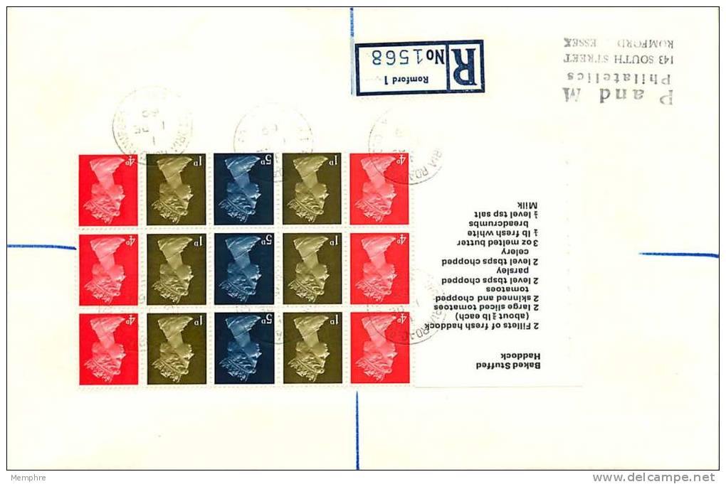 1970  Stamps For Cooks Booklet Pane 4 P&amp;M Cachet Romford Cancel - 1952-1971 Dezimalausgaben (Vorläufer)