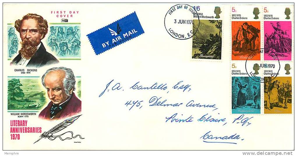 1970  Wordsworrth &amp; Dickens  PhilArt Cachet London Cancel - 1952-1971 Pre-Decimale Uitgaves