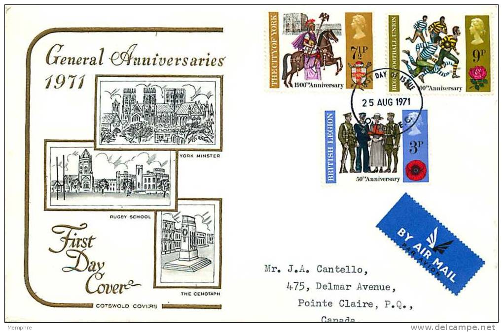 1971  General Anniversaries  York Minster, Rugby School, Cenotaph  Cotswold Cover  London Cancel - 1952-1971 Pre-Decimale Uitgaves