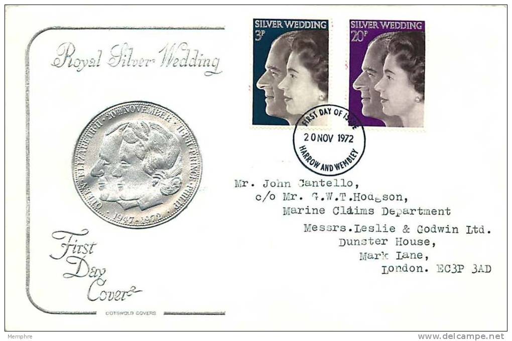 1972  Royal Silver Wedding  Cotswold Cover  Harrow And Wembey  Cancel - 1952-1971 Em. Prédécimales