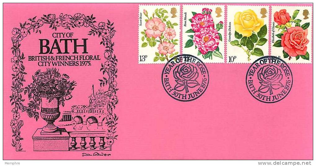 1976  British Roses  City Of Bath Cover  Special Handstamp - 1971-80 Ediciones Decimal