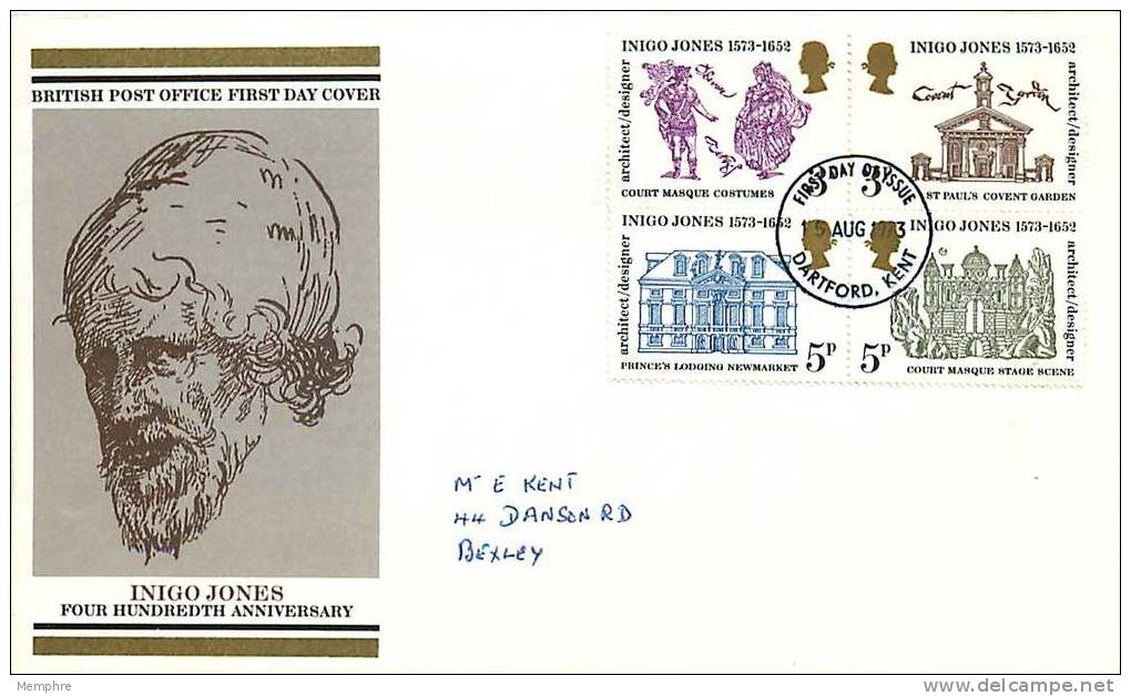 1973  Inigo Jones GPO FDC  Dartford FDI Cancel - 1952-1971 Em. Prédécimales