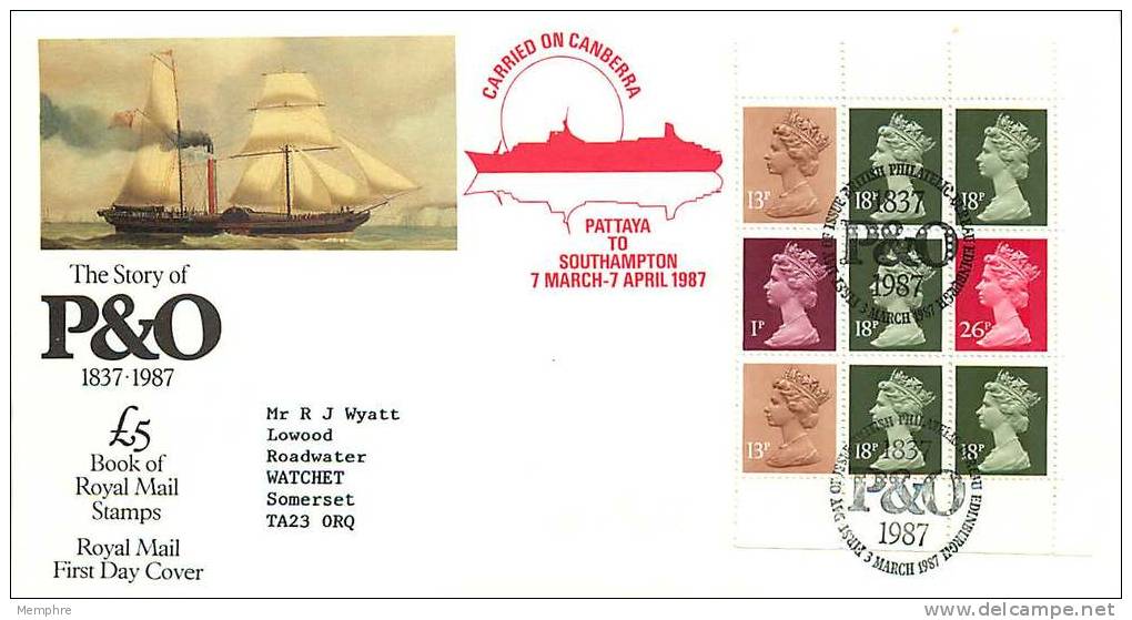 1987  The Story Of P&amp;O  Pane 3 PO FDC  Carried On Submarinefrom Thailand To Southampton  Edinburgh Special Handstamp - 1981-1990 Em. Décimales