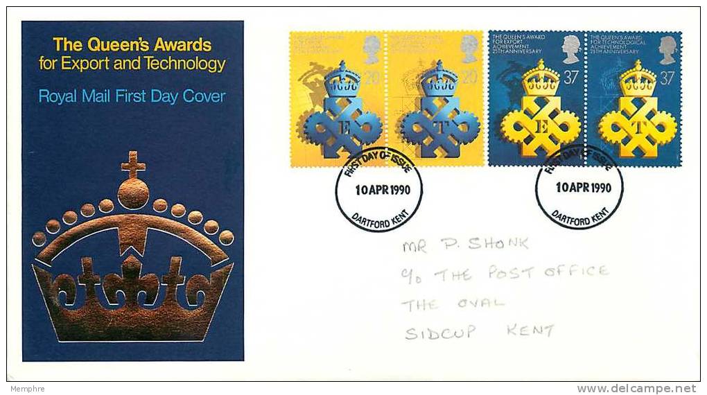 1990  Queen's Awards For Export And Technology   RM FDC Dartford FDI Cancel - 1981-1990 Em. Décimales